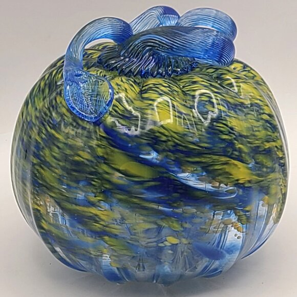 John Fenton Art Glass Pumpkin Blue Yellow Frit Appears Greenish 2014 4 1/2" Dm - Picture 5 of 11